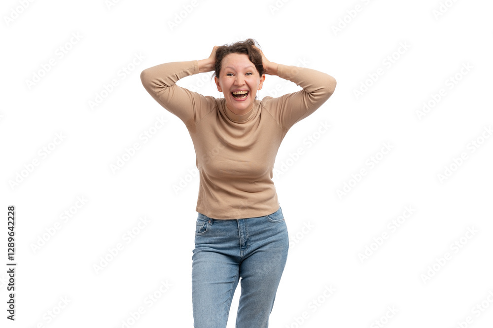 A cheerful woman with short hair expressing happiness and excitement against a white background. A cheerful woman with short hair expressing happiness and excitement against a white background.