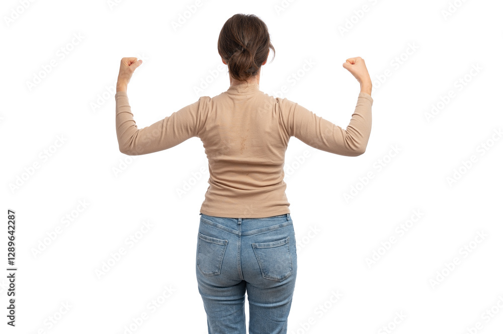 A young woman in a beige top showing her strength with raised arms against a white background.