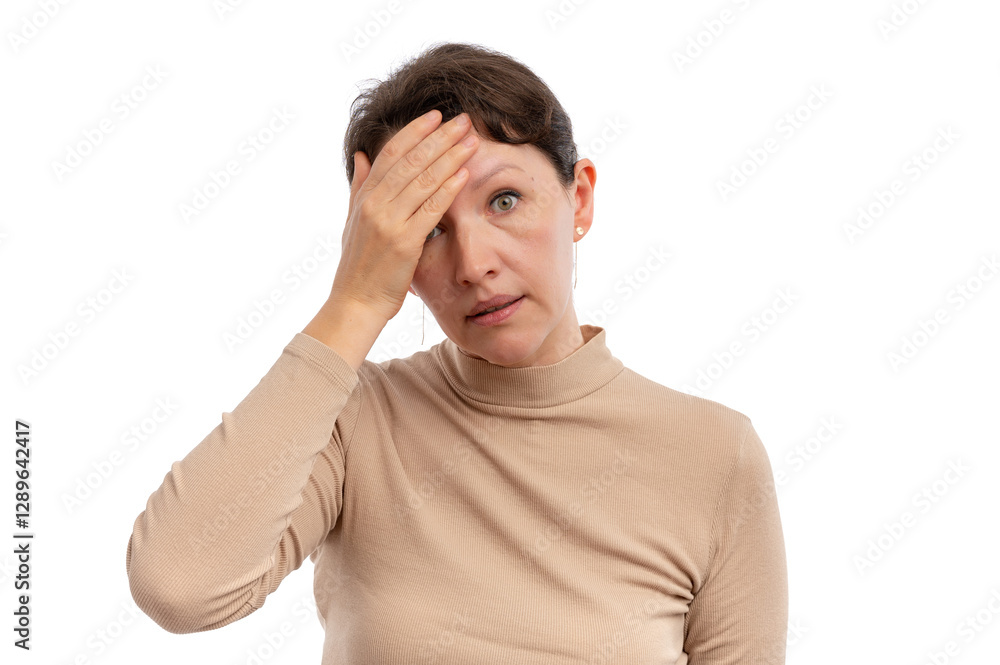 A woman with a worried expression, holding her forehead, wearing a beige turtleneck against a white background. A woman with a worried expression, holding her forehead, wearing a beige turtleneck against a white background.