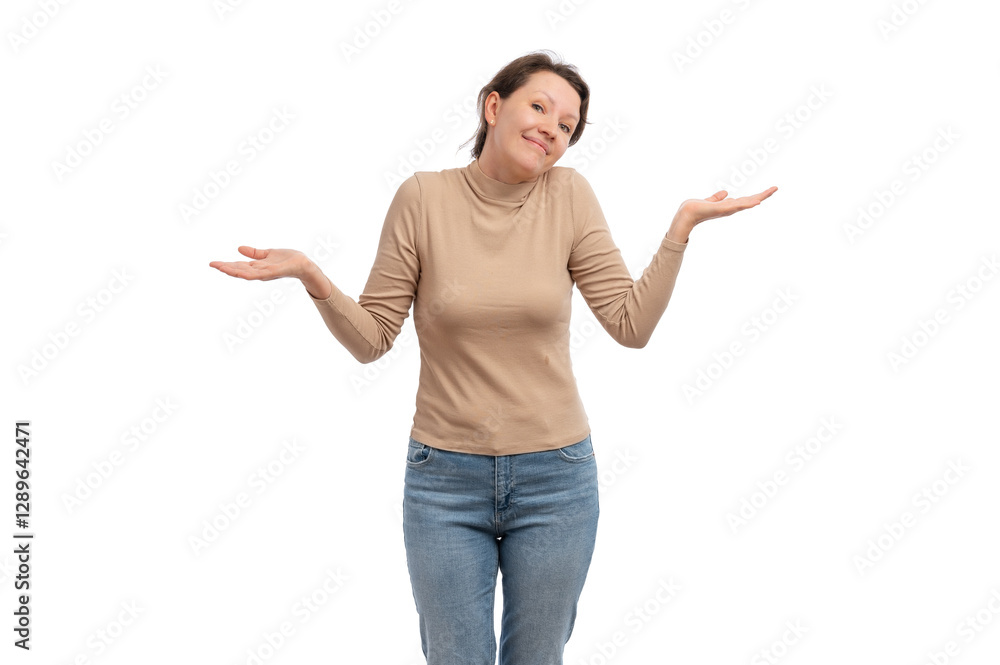 A young woman in a beige top smiling and shrugging her shoulders against a white background. A young woman in a beige top smiling and shrugging her shoulders against a white background.