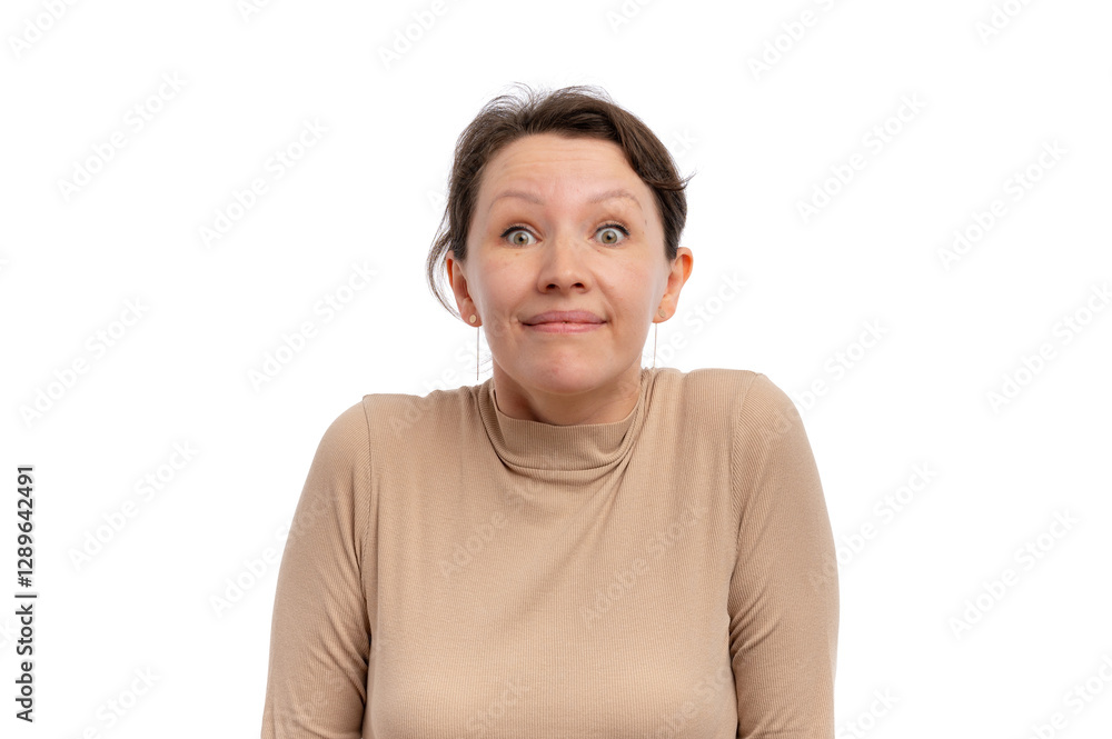 A young woman with a surprised expression, smiling and looking at the camera against a white background. A young woman with a surprised expression, smiling and looking at the camera against a white background.