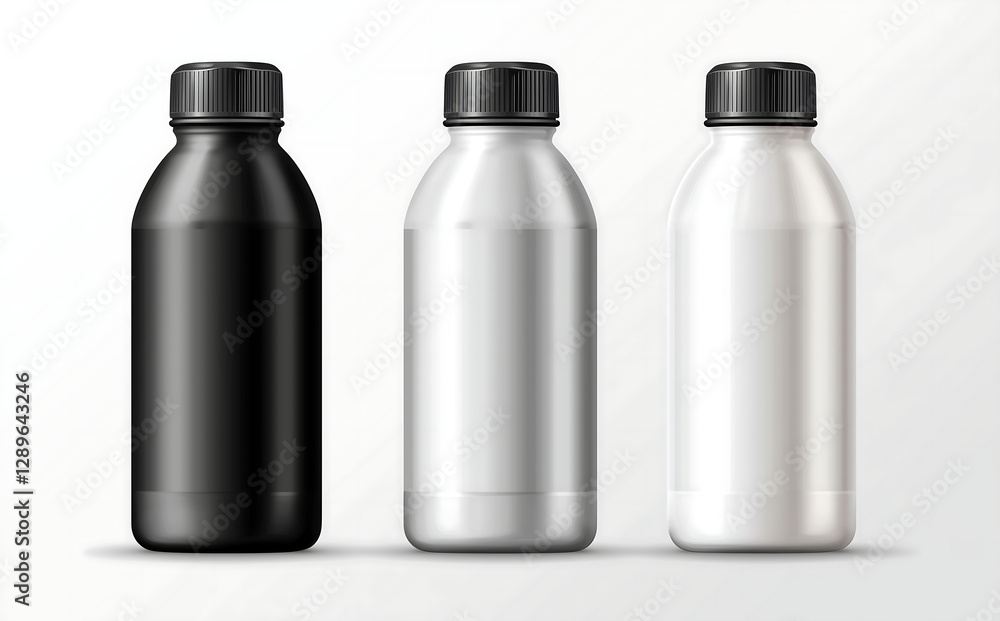 Set of three blank mock-up aluminum bottles in black, silver, and white, minimalist packaging mockup for beverage or cosmetic branding Set of three blank mock-up aluminum bottles in black, silver, and white, minimalist packaging mockup for beverage or cosmetic branding