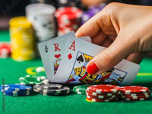 Woman's hand holding two pair of Aces in poker photo