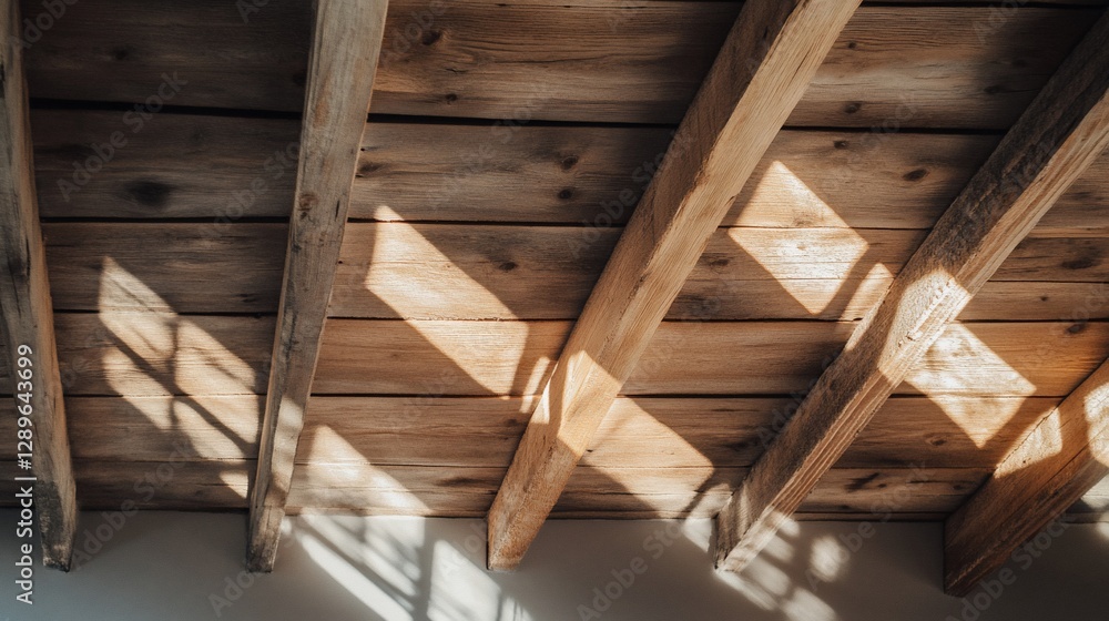 Sunlit wooden ceiling beams, interior view, home. Use Interior design. Sunlit wooden ceiling beams, interior view, home. Use Interior design.