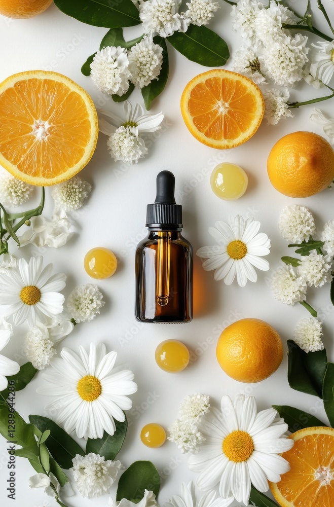 Aromatic Essential Oil Bottle Surrounded by Fresh Oranges, White Flowers, and Colorful Gel Drops, Creating a Refreshing and Vibrant Natural Scene Aromatic Essential Oil Bottle Surrounded by Fresh Oranges, White Flowers, and Colorful Gel Drops, Creating a Refreshing and Vibrant Natural Scene