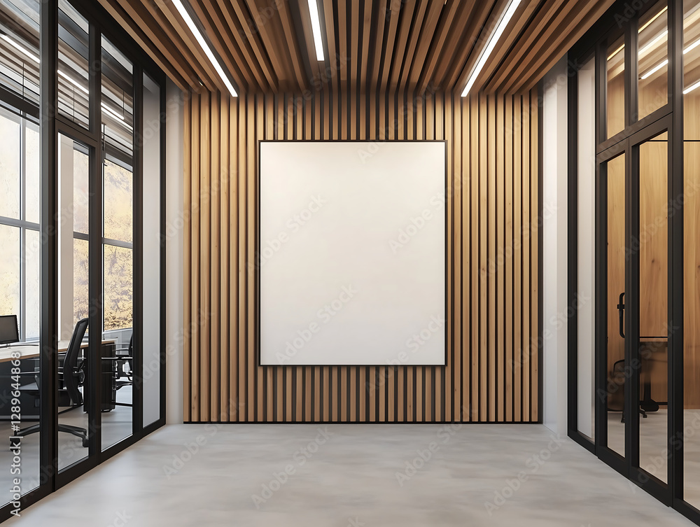 One empty poster frame mockup mounted on a wooden slat wall in a modern office hallway, blank advertising template for corporate branding and interior design One empty poster frame mockup mounted on a wooden slat wall in a modern office hallway, blank advertising template for corporate branding and interior design