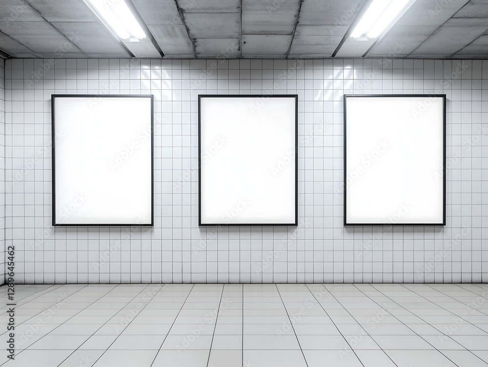 Three empty poster frame mockups mounted on a tiled subway wall under bright lighting, blank advertising templates for branding and public marketing Three empty poster frame mockups mounted on a tiled subway wall under bright lighting, blank advertising templates for branding and public marketing