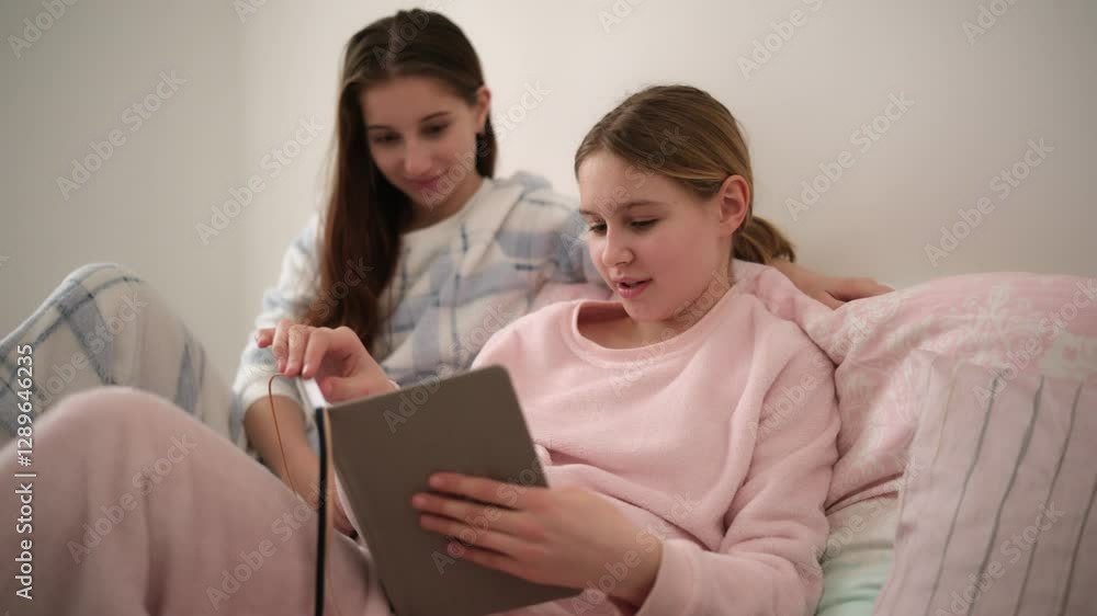 Two Little Sisters Reading And Talking In Bed In The Evening Before Sleeping Two Little Sisters Reading And Talking In Bed In The Evening Before Sleeping