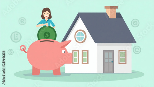 Woman Saving Money in Piggy Bank House, Investing in Real Estate Property