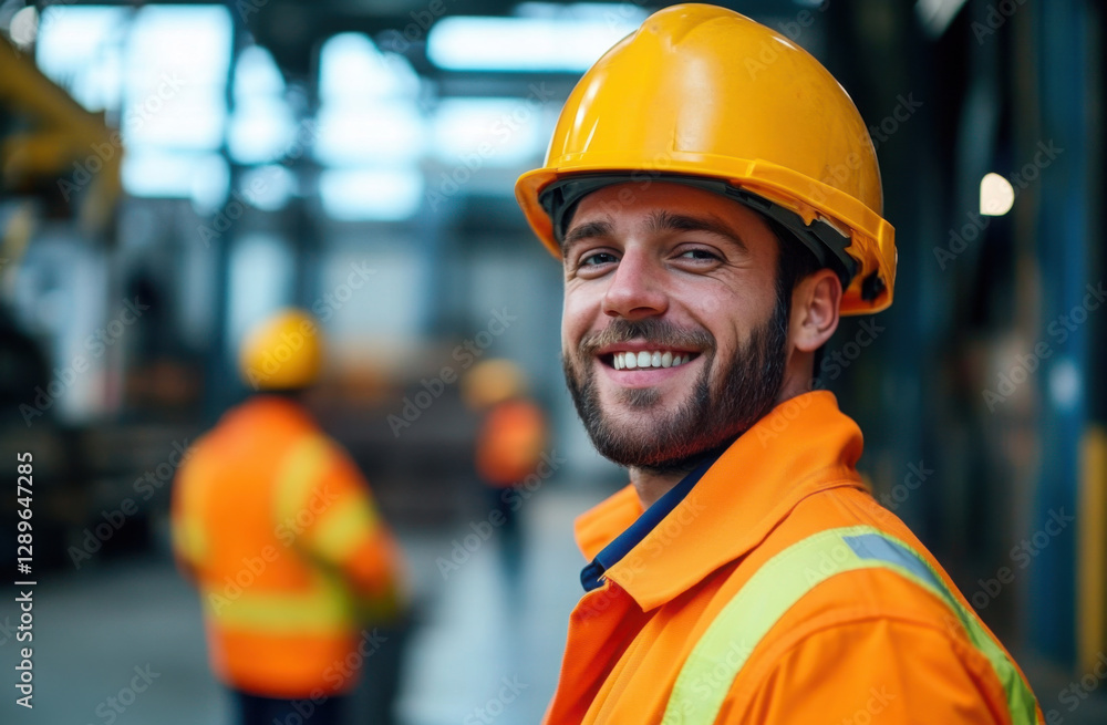 Construction worker in safety gear smiles confidently on job site. Pro builder in orange workwear, yellow safety helmet. Adult male worker at construction project. Man focused on work. Close up Construction worker in safety gear smiles confidently on job site. Pro builder in orange workwear, yellow safety helmet. Adult male worker at construction project. Man focused on work. Close up