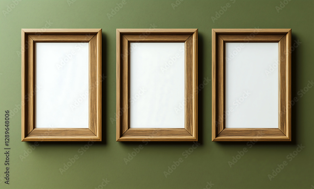 Three empty poster frame mockups with gold borders mounted on a green textured wall, blank wall art templates for interior decoration and branding presentation Three empty poster frame mockups with gold borders mounted on a green textured wall, blank wall art templates for interior decoration and branding presentation
