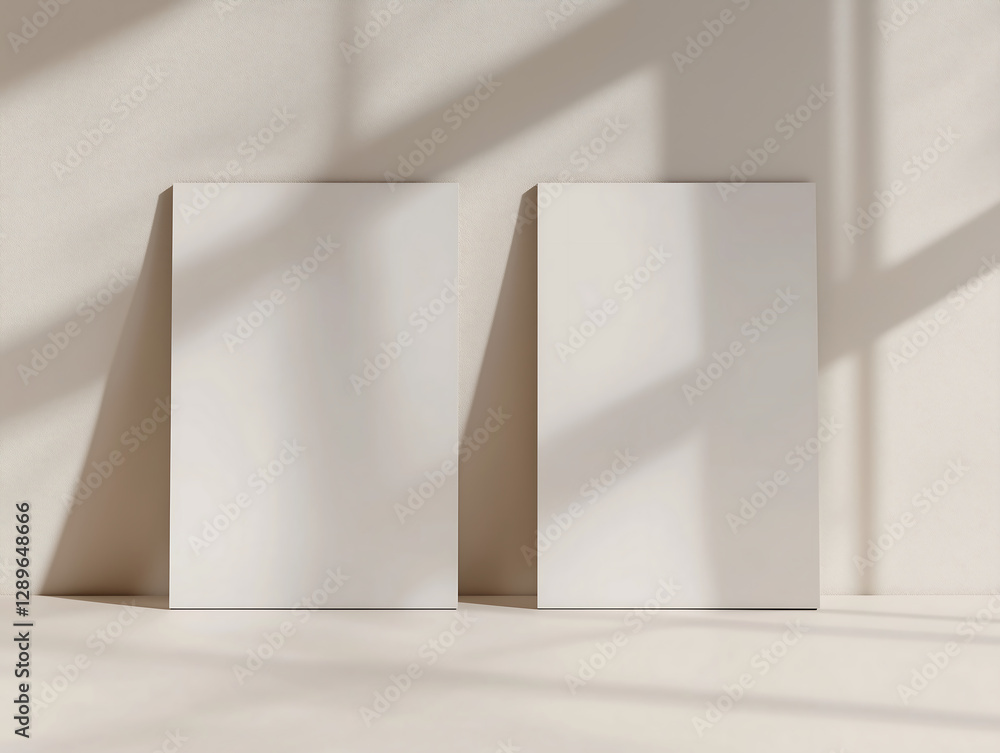Two empty poster frame mockups leaning against a textured wall in soft natural sunlight, blank wall art template for artistic presentation and creative design projects Two empty poster frame mockups leaning against a textured wall in soft natural sunlight, blank wall art template for artistic presentation and creative design projects