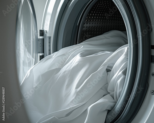 Close-up of  modern, high-efficiency ai powered washing machine with the door open, revealing freshly washed white beddings, bed sheets inside, pulled half out, in bright white clean laundry room