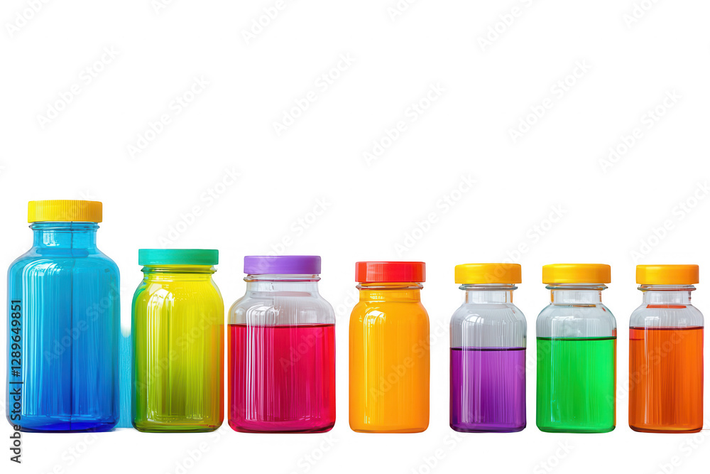 Collection of colorful glass containers filled with liquids on a white background showcasing vibrant hues and transparency facing forward in a neat arrangement Collection of colorful glass containers filled with liquids on a white background showcasing vibrant hues and transparency facing forward in a neat arrangement