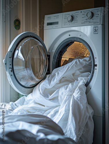 Close-up of  modern, high-efficiency ai powered washing machine with the door open, revealing freshly washed white beddings, bed sheets inside, pulled half out, in bright white clean laundry room