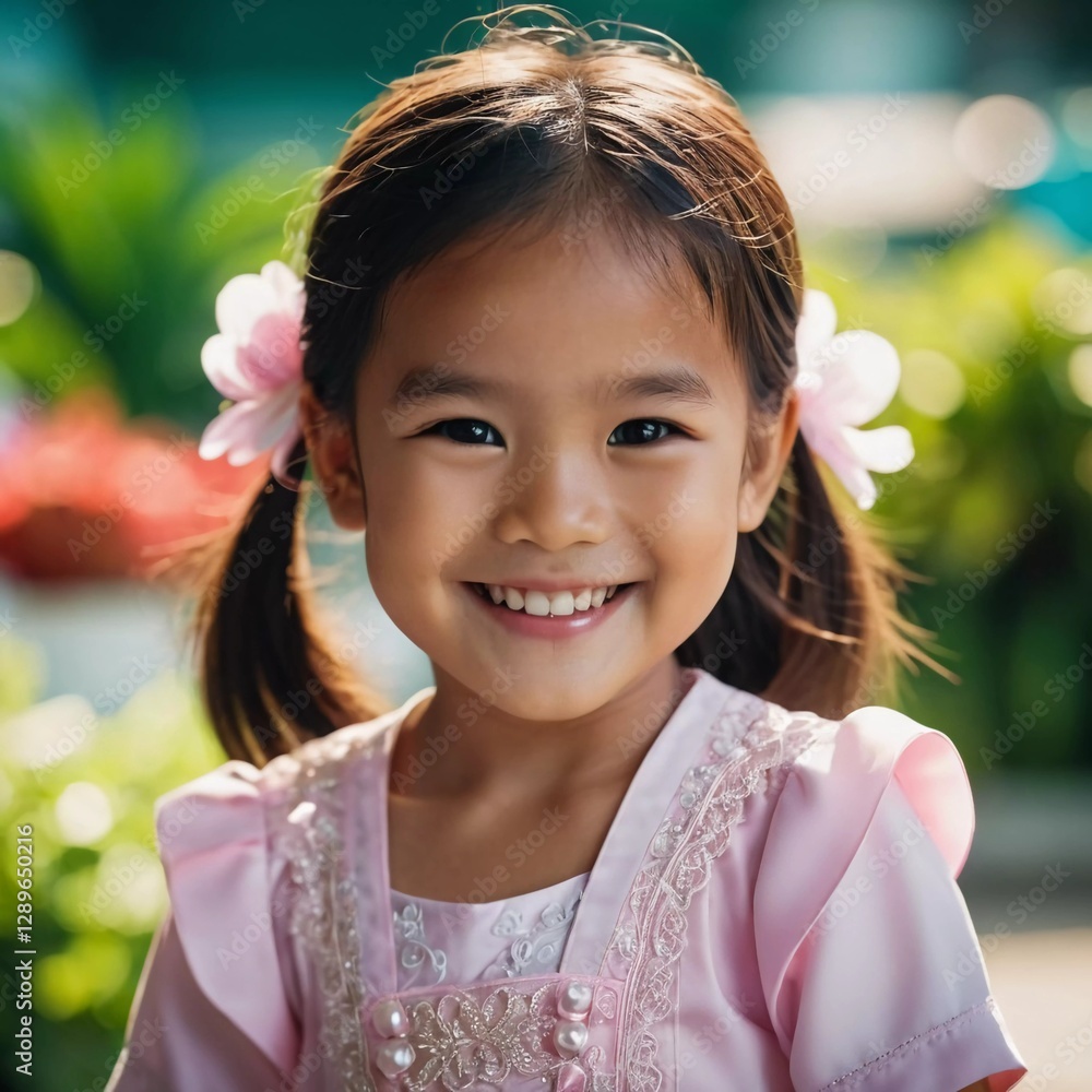 A cheerful girl around five years old wearing traditional clothing is smiling brightly. She is in a vibrant outdoor setting, surrounded by lush greenery and flowers, enjoying her day. Generative AI A cheerful girl around five years old wearing traditional clothing is smiling brightly. She is in a vibrant outdoor setting, surrounded by lush greenery and flowers, enjoying her day. Generative AI
