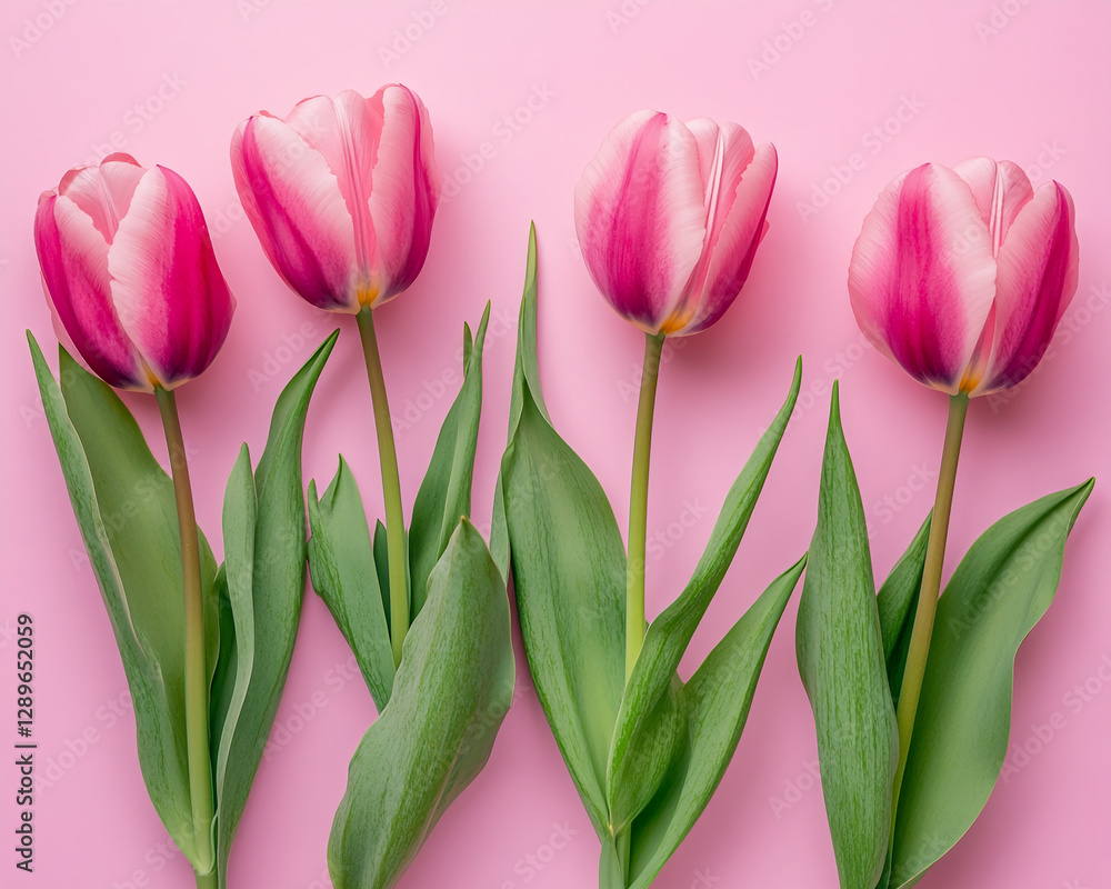 Close-up of four pink tulip flowers with green leaves on a soft pastel pink background, symbolizing spring, freshness, beauty, love, and nature, perfect for romantic or seasonal themes. Close-up of four pink tulip flowers with green leaves on a soft pastel pink background, symbolizing spring, freshness, beauty, love, and nature, perfect for romantic or seasonal themes.