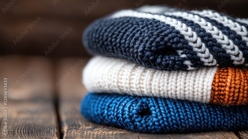 Stack of colorful knitted sweaters on wooden surface Stack of colorful knitted sweaters on wooden surface
