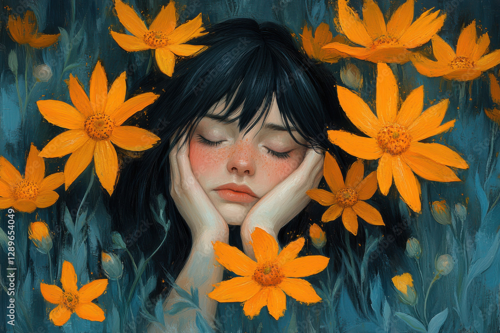 A woman is lying in a field of yellow flowers A woman is lying in a field of yellow flowers