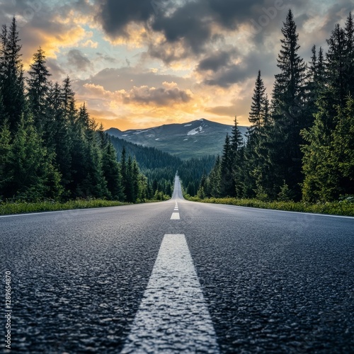 Empty, blacktop mountain road with white stripe close to dark green forest under cloudy morning sky