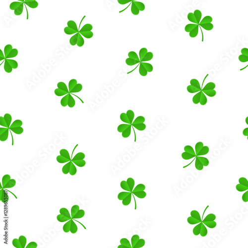 St. Patrick's day seamless pattern with green clovers shamrock isolated on white background.
