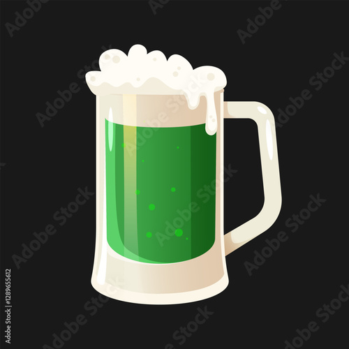 Green beer glass with high foam for St. Patrick's day holiday isolated on black background. Alcoholic beverage menu.
