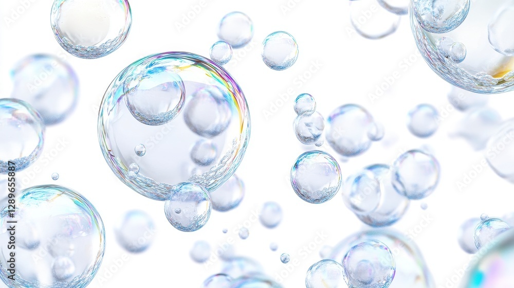 Iridescent Soap Bubbles Floating on White Background Iridescent Soap Bubbles Floating on White Background