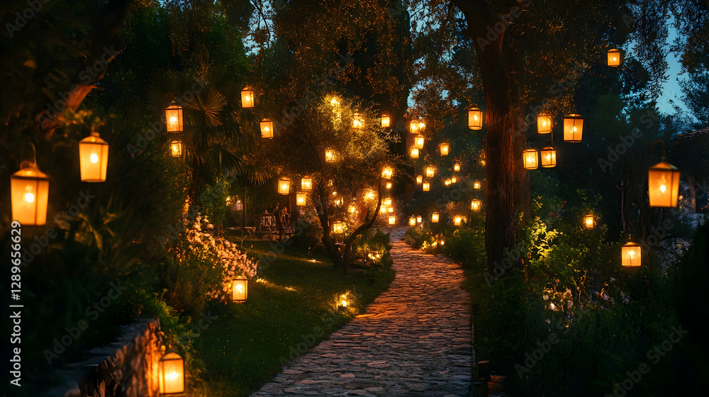 Lanterns glowing in a peaceful garden, creating a magical celebration vibe Lanterns glowing in a peaceful garden, creating a magical celebration vibe