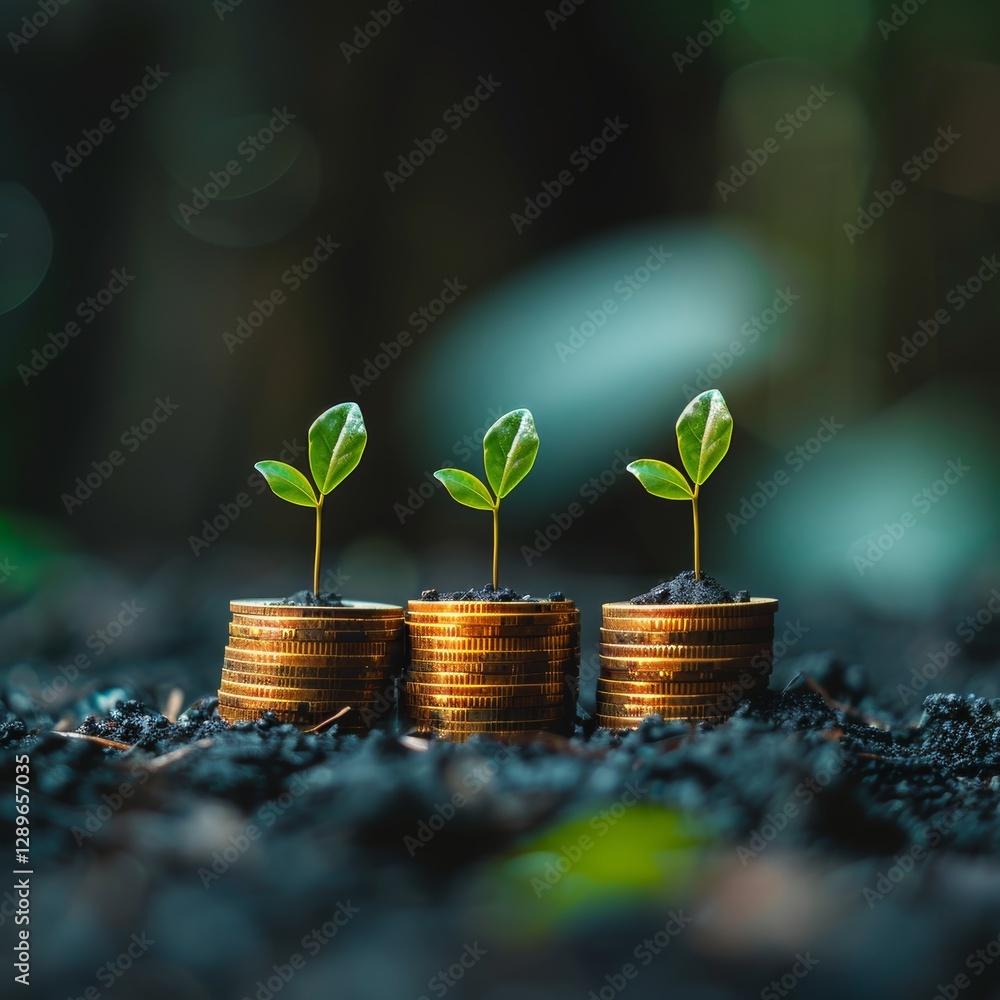 Stacks of coins support small saplings symbolizing financial growth and the importance of saving money. The blurred foliage provides a natural backdrop enhancing the theme of prosperity.