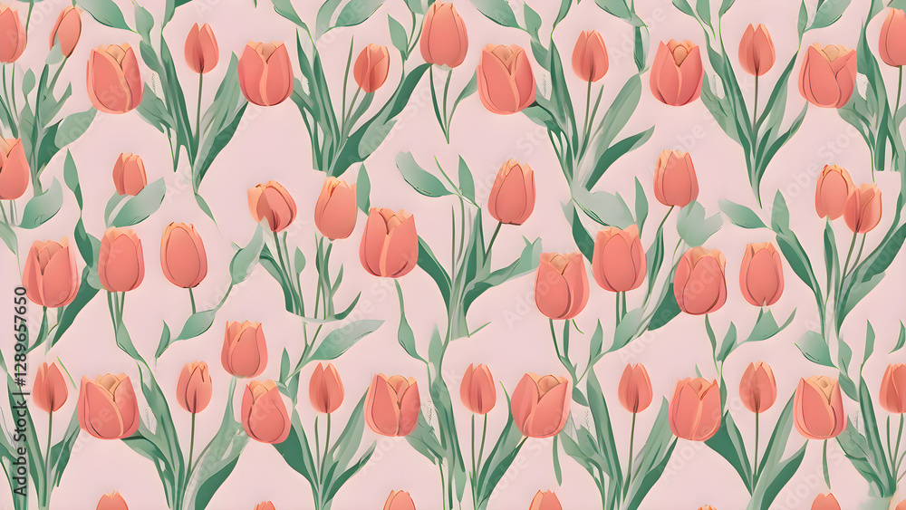 Seamless pattern of pink tulips with green leaves on a soft background.
Seamless pattern of pink tulips with green leaves on a soft background.