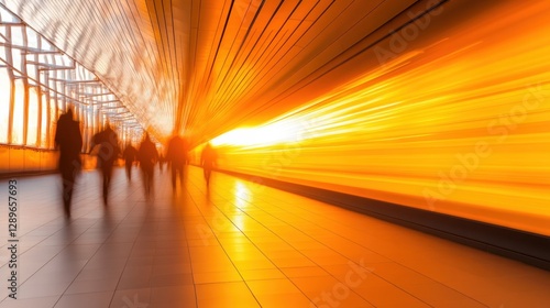 People walking in a futuristic orange tunnel.