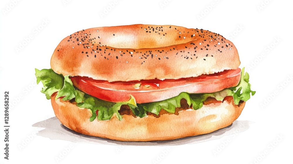 Watercolor-Style Fresh Salmon Bagel Breakfast on a White Background Watercolor-Style Fresh Salmon Bagel Breakfast on a White Background