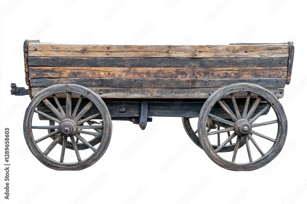 Obraz premium Rustic Weathered Wooden Wagon with Spoked Wheels on White Background