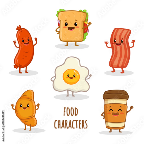 set of cartoon food characters isolated on white. Cup of coffee, fried egg, Viennese waffle, bacon, sausage and croissant in flat style. Vector illustration