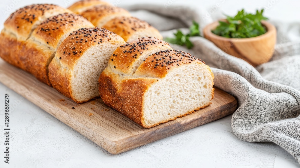 Sliced artisan bread on wooden board, fresh baked Sliced artisan bread on wooden board, fresh baked