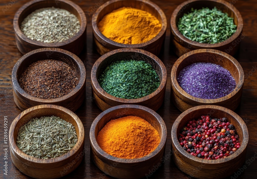 Colorful Collection of Spices in Wooden Bowls Displayed on Dark Wooden Table with Natural Light Highlighting Varied Textures and Pigments Colorful Collection of Spices in Wooden Bowls Displayed on Dark Wooden Table with Natural Light Highlighting Varied Textures and Pigments