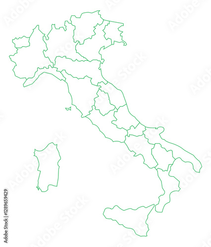Green Outline Italy Map with District Borders Europe Country