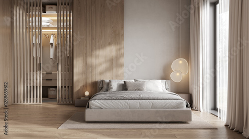 Fototapeta Naklejka Na Ścianę i Meble -  Stylish bedroom interior with closet and wooden panel, 3D Rendering