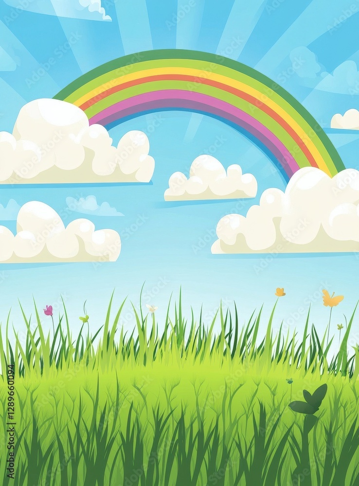 Obraz premium Vibrant Rainbow over Lush Green Field and Blue Sky with Fluffy Clouds