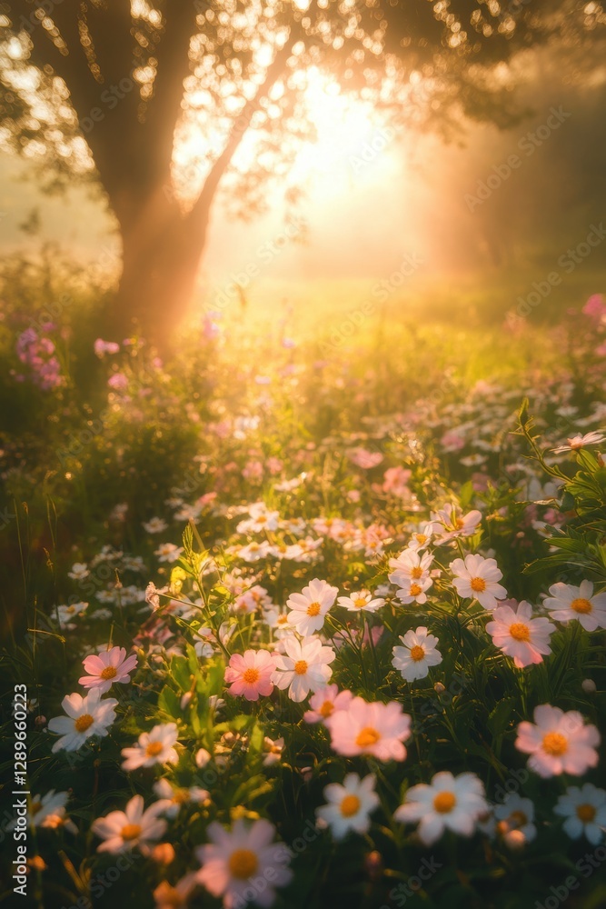 Obraz premium Beautiful colorful wild flowers in deep foggy forest with sun light in Spring.