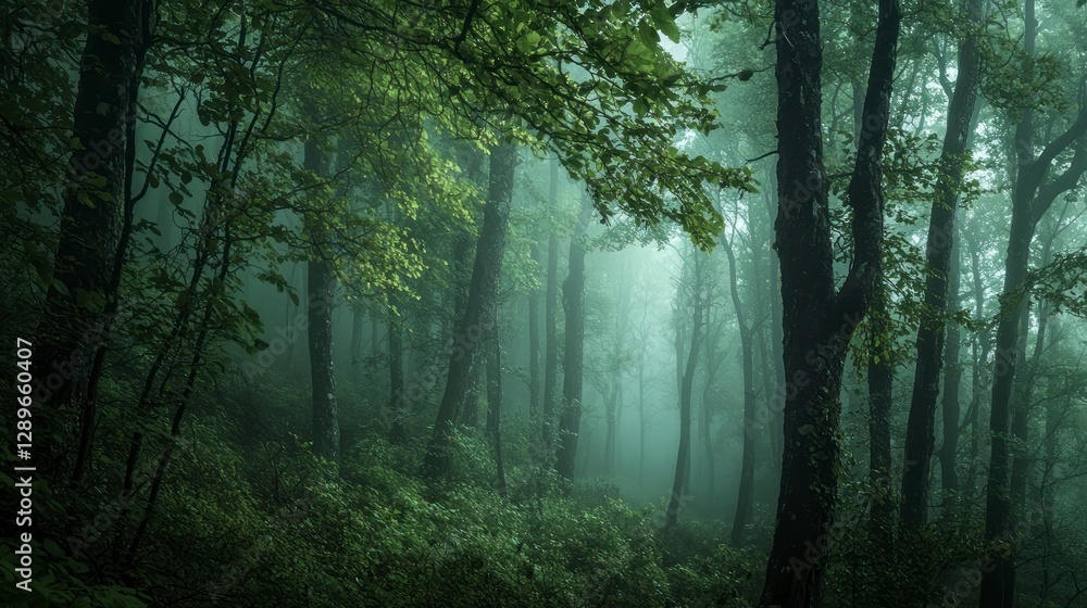 Obraz premium A misty forest landscape with trees and green leaves in the morning light
