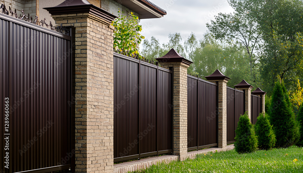 Fototapeta premium Modern wooden and brick fence with shutters blinds