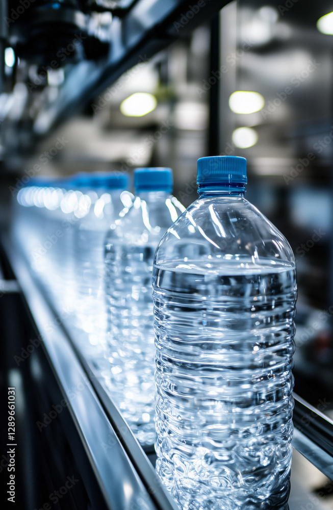In beverage production, plastic water bottles are moved along an automatic factory line on an automated conveyor In beverage production, plastic water bottles are moved along an automatic factory line on an automated conveyor