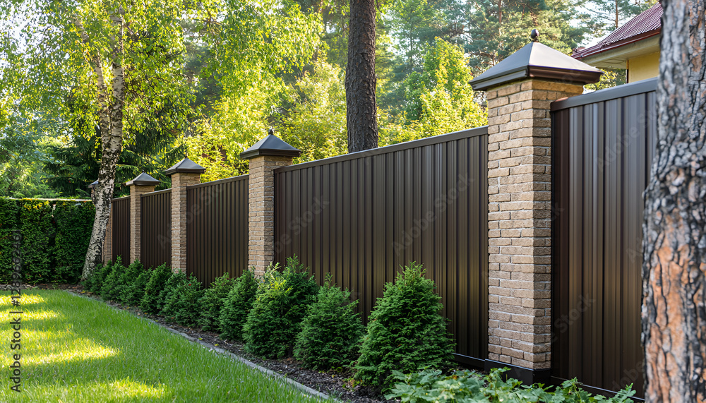 Modern wooden and brick fence with shutters blinds Modern wooden and brick fence with shutters blinds