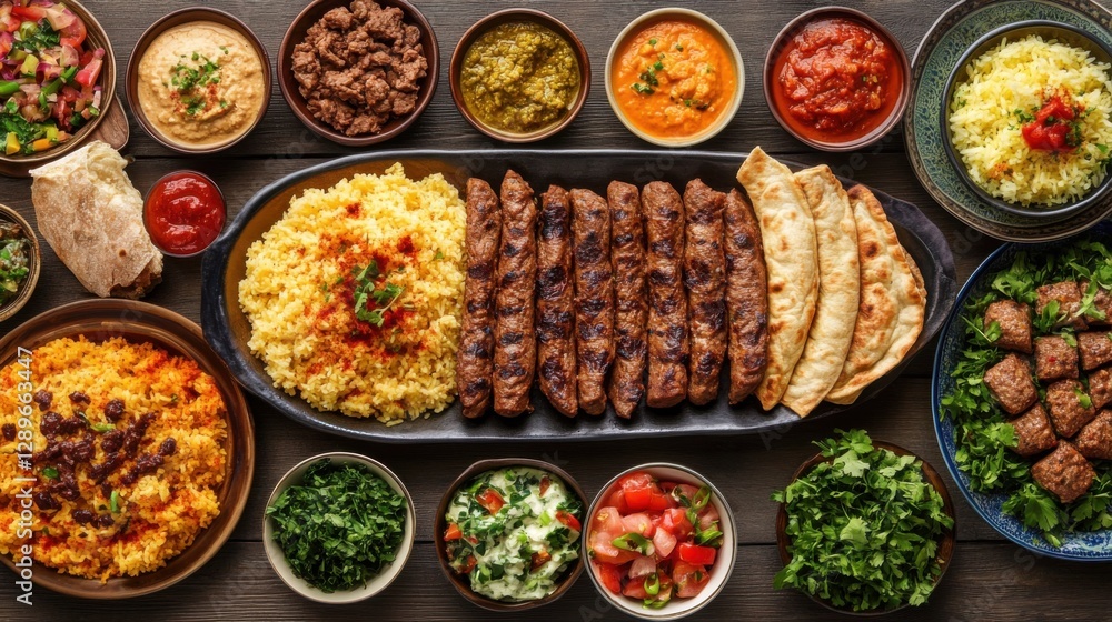 Fototapeta premium Assorted Traditional Dishes with Grilled Meat and Colorful Sides