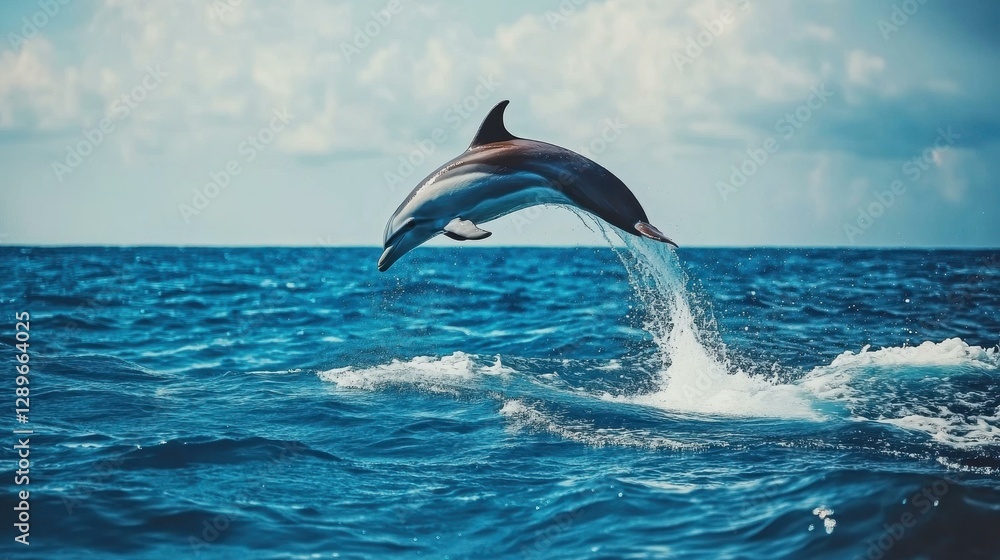 Fototapeta premium An elegant dolphin leaps gracefully from vibrant blue ocean waves, showcasing its sleek form under a clear sky.