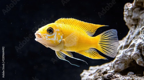 Yellow fish in aquarium against dark background. Possible use Stock photo for pet shop or aquarium websites photo