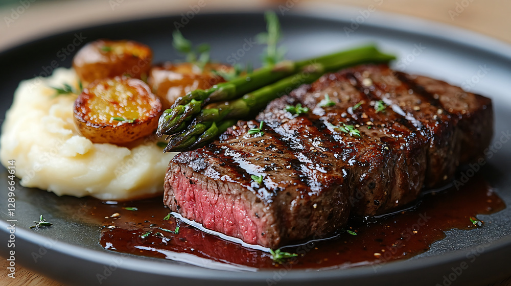 Grilled Plant-Based Steak with mashed Potatoes Roasted Asparagus and Rich Sauce Restaurant Elegant Presentation Grilled Plant-Based Steak with mashed Potatoes Roasted Asparagus and Rich Sauce Restaurant Elegant Presentation