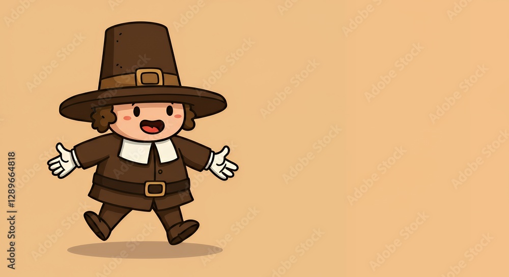 A cheerful cartoon character dressed as a pilgrim, smiling and walking on a plain background. A cheerful cartoon character dressed as a pilgrim, smiling and walking on a plain background.
