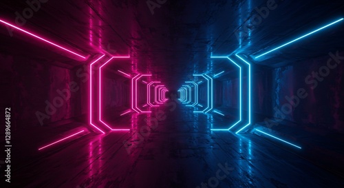 Abstract futuristic tunnel with glowing neon lights and depth perspective